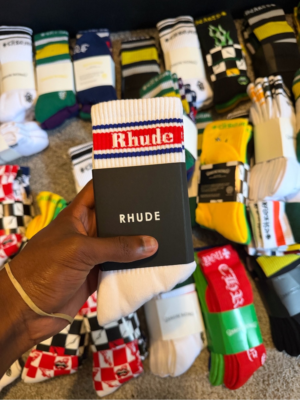 Rhude White Crew Socks with Red & Blue Logo Stripe